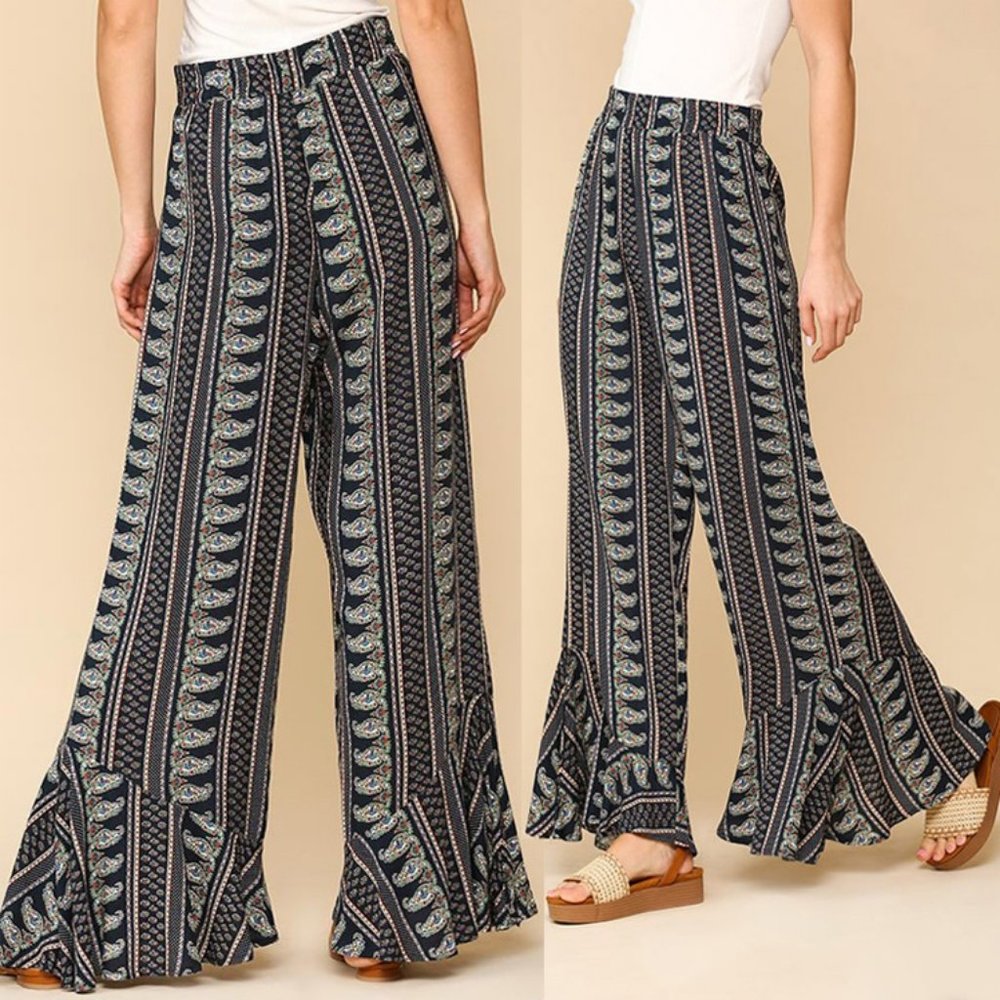 NEW Paisley High Waist Ruffle Hem Wide Leg Pants